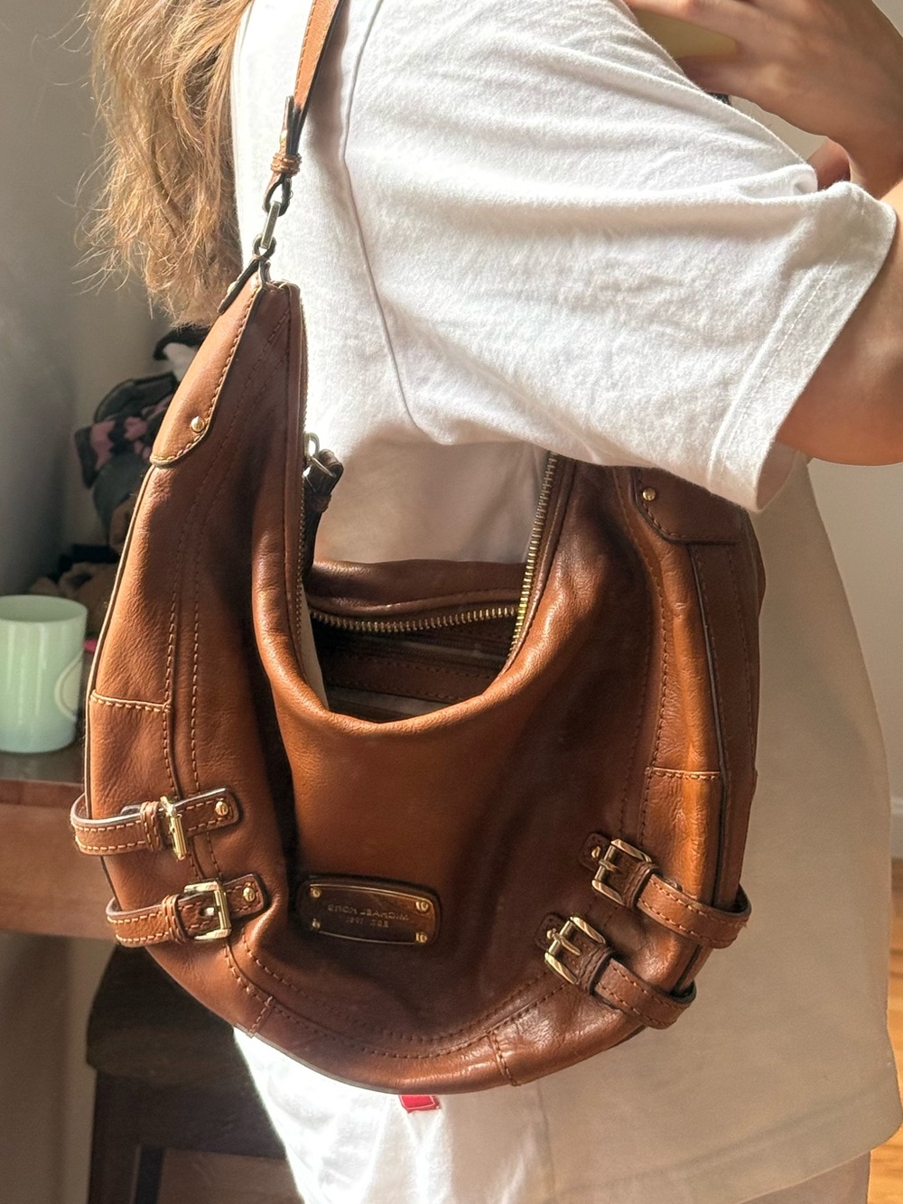 Michael Kors Camel Leather Shoulder Hobo Bag with Buckle Accents - Picture 7 of 7